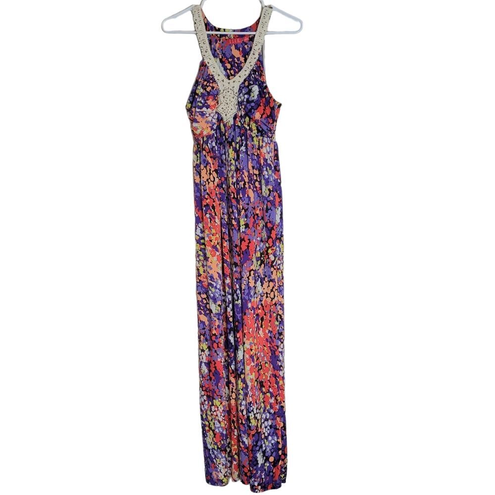 ELLE Maxi Dress Purple Red Yellow Small Lace Abstract Long Sleeveless Geometric - Picture 2 of 9